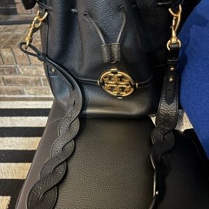 Tory Burch Black Leather Designer Bucket Bag